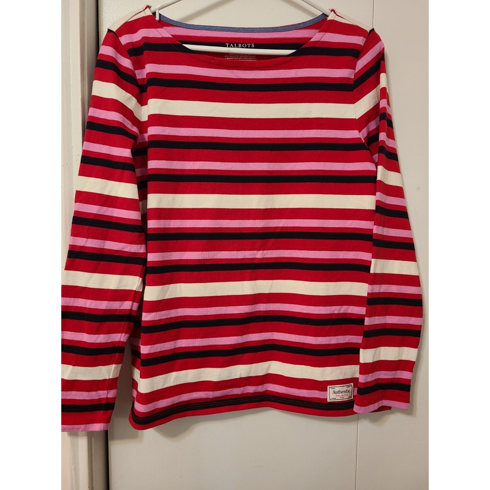 Talbots Authentic Tee Long-sleeve Top Graham Stripe Red Pink and White. Size M